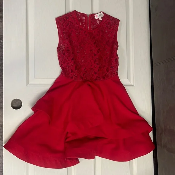 Latiste Dresses | Ruby Red Flowy Cocktail Dress with Sheer An Embroidered Flowers | Color: Red | Size: S | Pm-51503150's Closet
